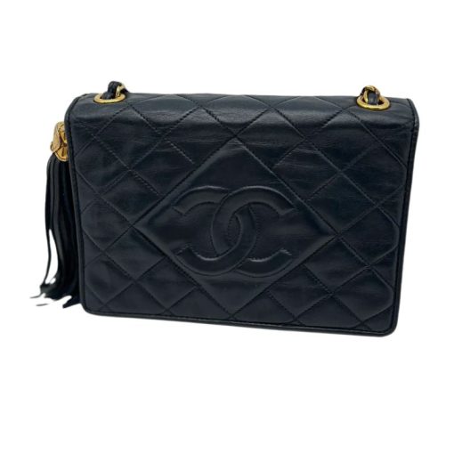 Handbags Chanel Vintage Navy Satin Leather Quilted Tassel Flap Bag